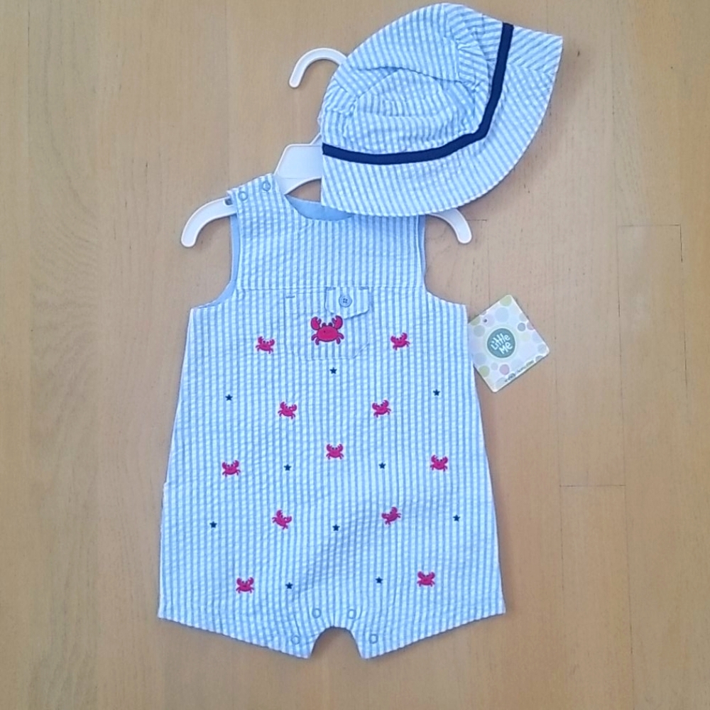 Little Me Blue Stripe Woven Crab Sunsuit & Hat